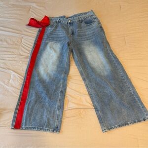 Blue Wide Leg Jeans with Red Accent